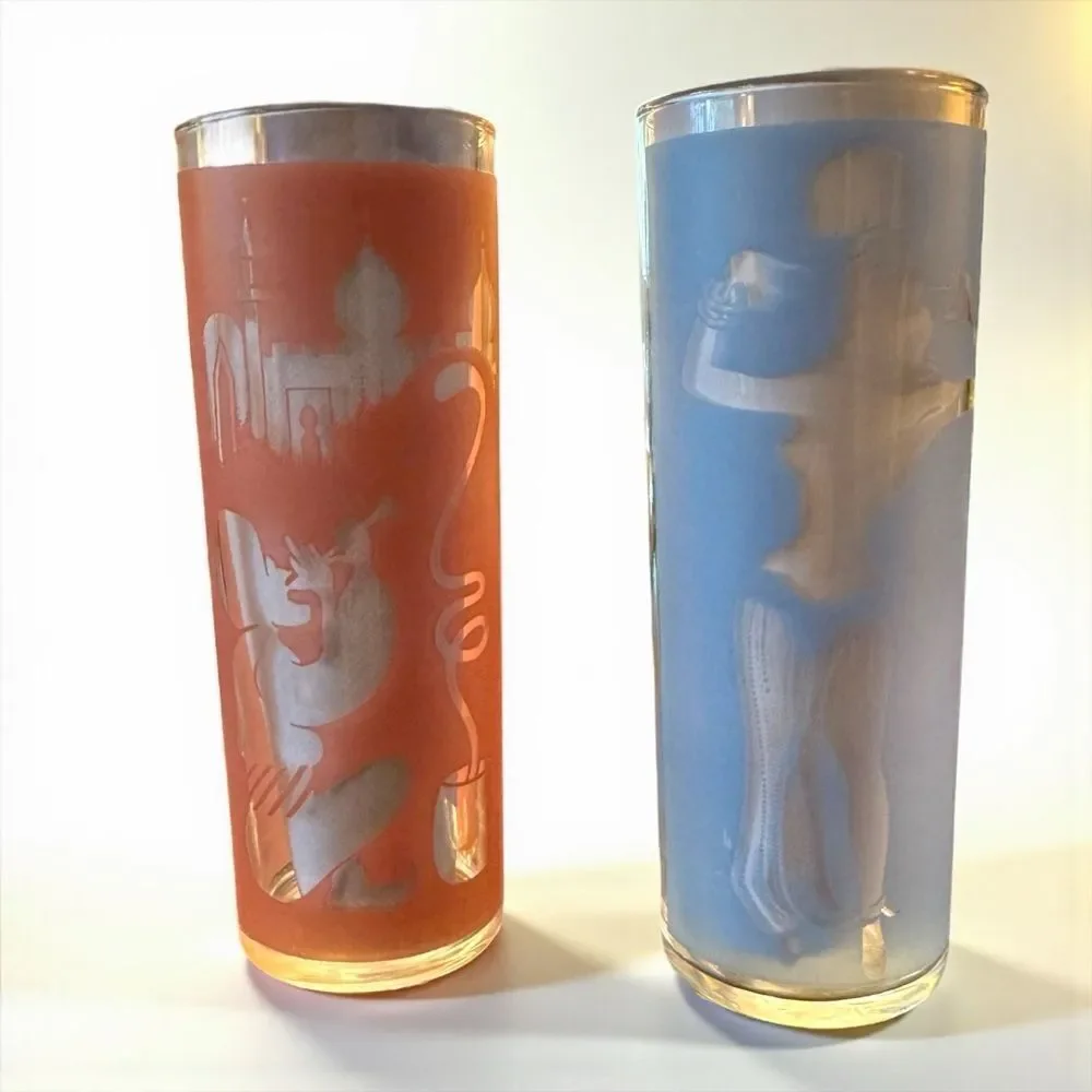 Pair of Vintage Dominion Glass Canada Arabian Tom Collin’s Glasses Pink Blue